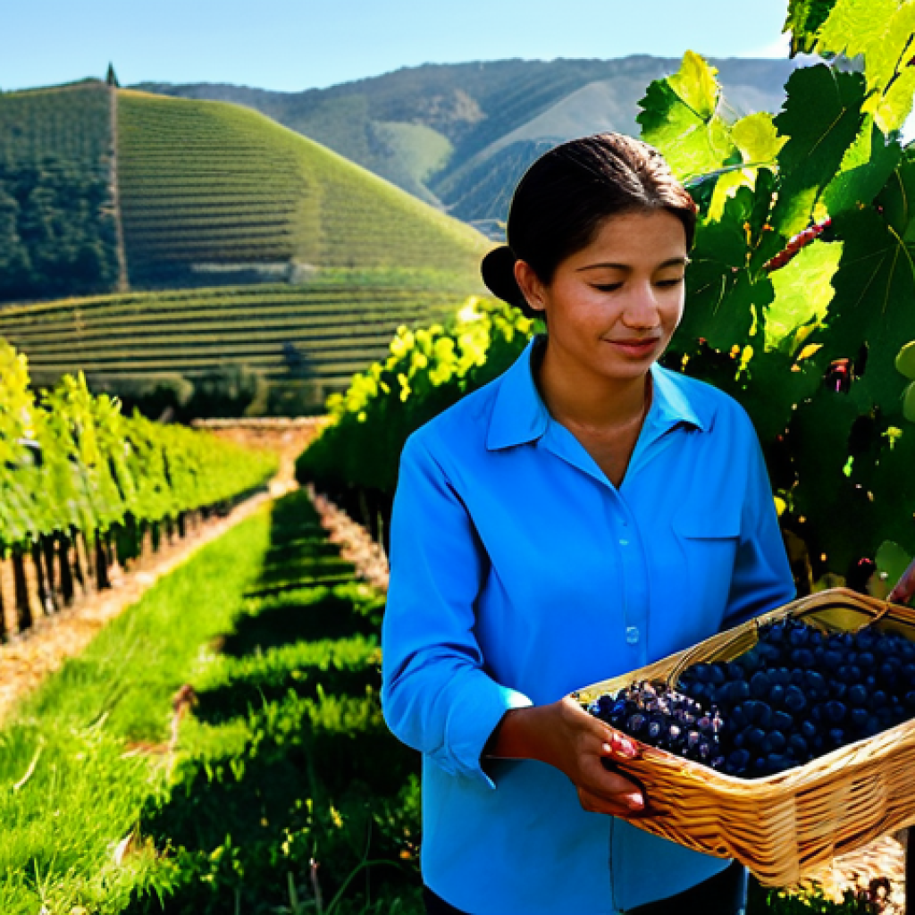 A person with perfect anatomy and correct proportions, fully clothed in modest, practical outdoor attire, gently harvesting ripe grapes in a sunlit vineyard. The individual is focused, carefully selecting grape bunches from lush green vines. Rolling hills and a clear blue sky are in the background, conveying a serene and natural pose. The image captures the essence of hands-on vine management with well-formed hands and proper finger count, promoting an authentic, family-friendly, and professional wine experience. safe for work, appropriate content, fully clothed, professional, modest clothing, appropriate attire, professional dress, natural body proportions.