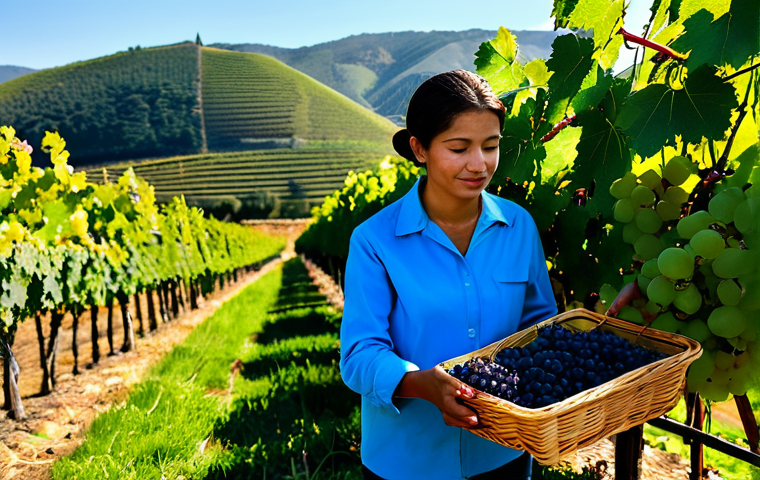 A person with perfect anatomy and correct proportions, fully clothed in modest, practical outdoor attire, gently harvesting ripe grapes in a sunlit vineyard. The individual is focused, carefully selecting grape bunches from lush green vines. Rolling hills and a clear blue sky are in the background, conveying a serene and natural pose. The image captures the essence of hands-on vine management with well-formed hands and proper finger count, promoting an authentic, family-friendly, and professional wine experience. safe for work, appropriate content, fully clothed, professional, modest clothing, appropriate attire, professional dress, natural body proportions.