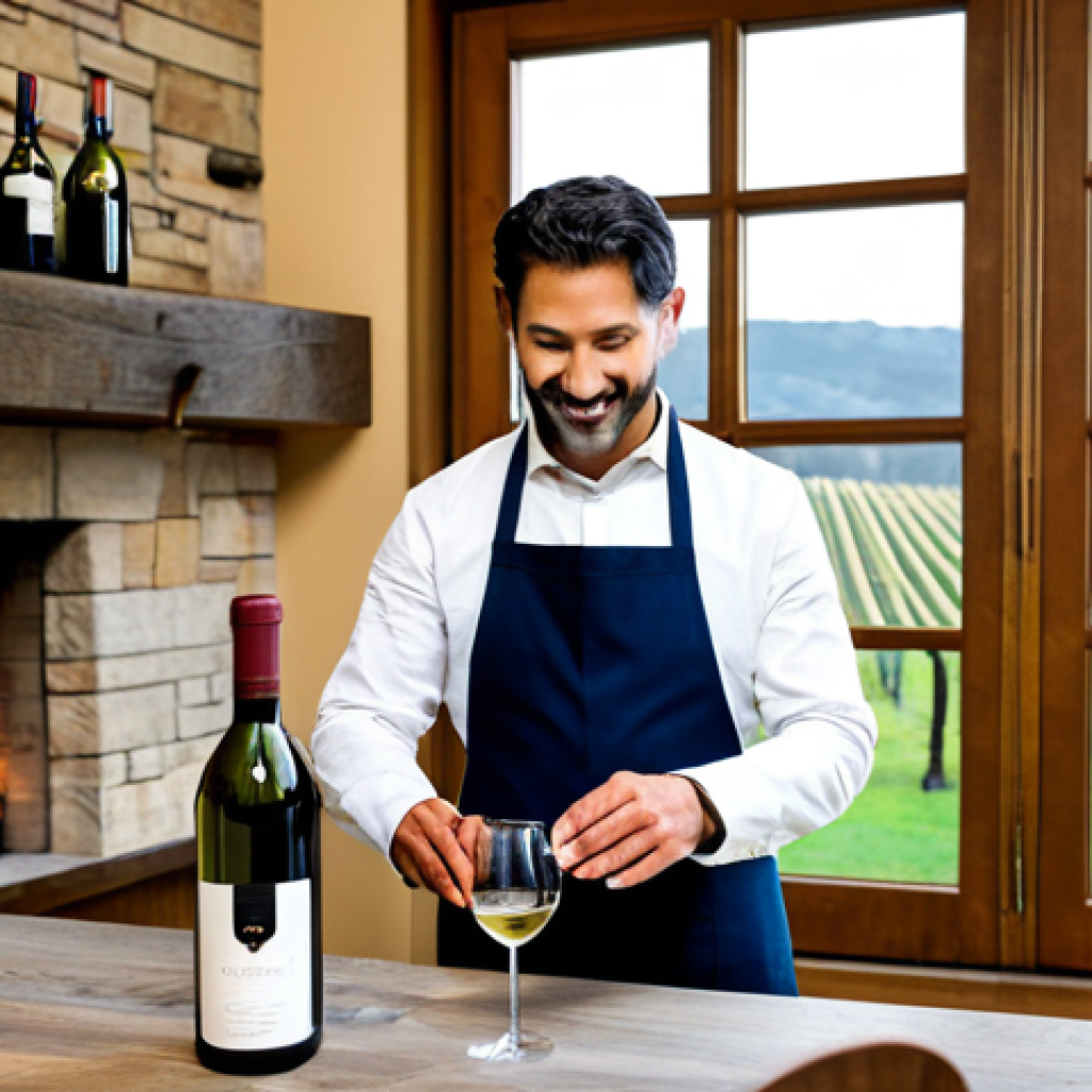 A professional sommelier in a modest, clean apron pouring wine for a visitor at a rustic, elegant boutique winery. The visitor is fully clothed in smart casual layered attire, attentively listening. They are inside a cozy tasting room with a stone fireplace and large windows overlooking a serene, dormant vineyard. The interaction is intimate and personalized. Professional photography, high quality, perfect anatomy, correct proportions, natural pose, well-formed hands, proper finger count, natural body proportions, safe for work, appropriate content, fully clothed, modest, family-friendly.