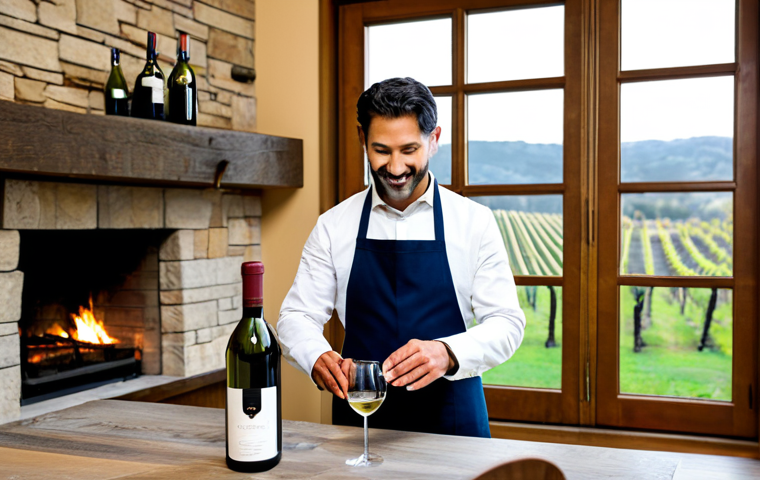 A professional sommelier in a modest, clean apron pouring wine for a visitor at a rustic, elegant boutique winery. The visitor is fully clothed in smart casual layered attire, attentively listening. They are inside a cozy tasting room with a stone fireplace and large windows overlooking a serene, dormant vineyard. The interaction is intimate and personalized. Professional photography, high quality, perfect anatomy, correct proportions, natural pose, well-formed hands, proper finger count, natural body proportions, safe for work, appropriate content, fully clothed, modest, family-friendly.