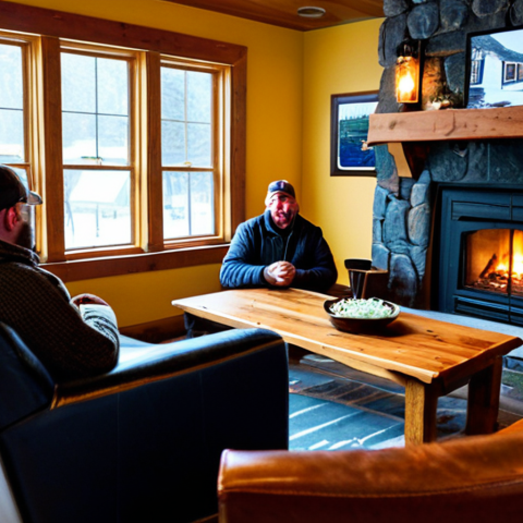 Cozy Brewery Ambiance**

"Interior of a small, craft brewery in Vermont, featuring a roaring fireplace, comfortable leather armchairs, and wooden tables. Patrons are fully clothed in warm sweaters and jeans, enjoying craft beers. Snow is gently falling outside the large windows. Focus on the warm, inviting atmosphere. Safe for work, appropriate content, fully clothed patrons, professional photography, perfect anatomy, natural proportions, modest attire, family-friendly environment."

**