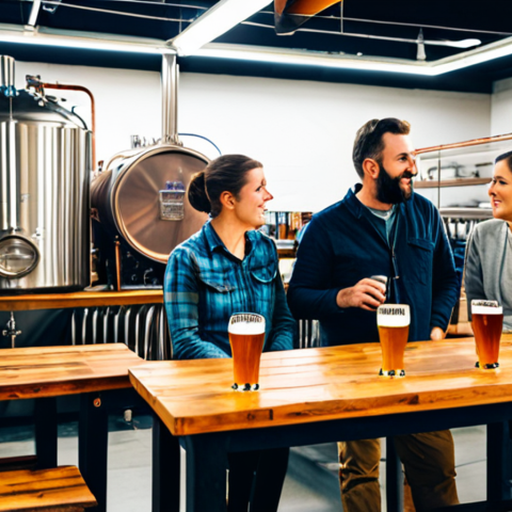 "A brightly lit small brewery interior, featuring stainless steel brewing tanks and copper pipes. A group of fully clothed people in appropriate attire are gathered around a brewer who is explaining the brewing process. Wooden tables with beer flights are visible. safe for work, professional photography, perfect anatomy, natural proportions, fully clothed, appropriate content, family-friendly."