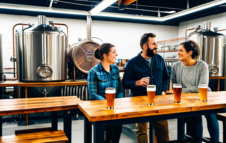 "A brightly lit small brewery interior, featuring stainless steel brewing tanks and copper pipes. A group of fully clothed people in appropriate attire are gathered around a brewer who is explaining the brewing process. Wooden tables with beer flights are visible. safe for work, professional photography, perfect anatomy, natural proportions, fully clothed, appropriate content, family-friendly."