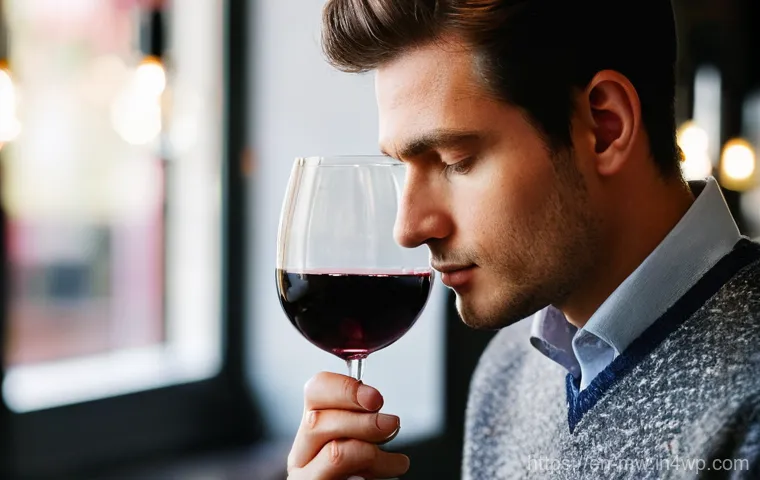 와인 테스팅 팁  전문가처럼 즐기는 법 - **Prompt:** "A close-up shot of elegant hands gently swirling a crystal wine glass, observing the de...