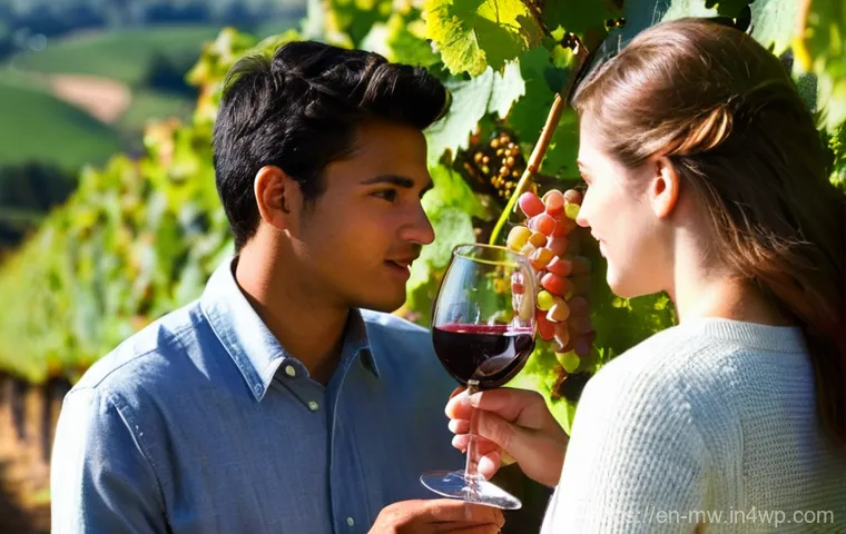 와이너리 투어에서 만나는 다양한 와인 스타일 - **Prompt:** "A vibrant, sun-drenched vineyard scene during late autumn harvest. A diverse group of y...