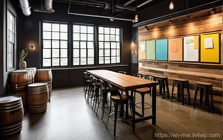비즈니스 미팅에 적합한 양조장 활용법 - **Prompt 2: "Interactive Team Building Over Brews"**
    A vibrant scene unfolds in a spacious, cont...