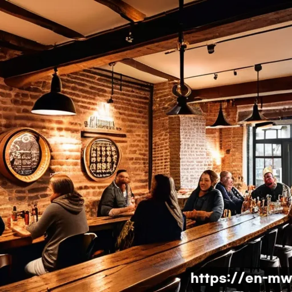 양조장 투어 중 느끼는 지역 문화 체험 - A cozy, rustic craft brewery interior with warm wooden beams, exposed brick walls, and gleaming copp...