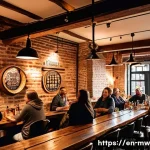 양조장 투어 중 느끼는 지역 문화 체험 - A cozy, rustic craft brewery interior with warm wooden beams, exposed brick walls, and gleaming copp...