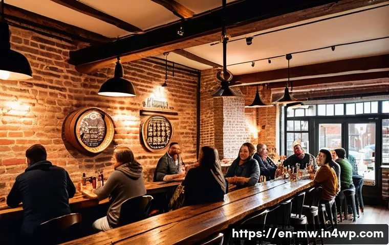 양조장 투어 중 느끼는 지역 문화 체험 - A cozy, rustic craft brewery interior with warm wooden beams, exposed brick walls, and gleaming copp...