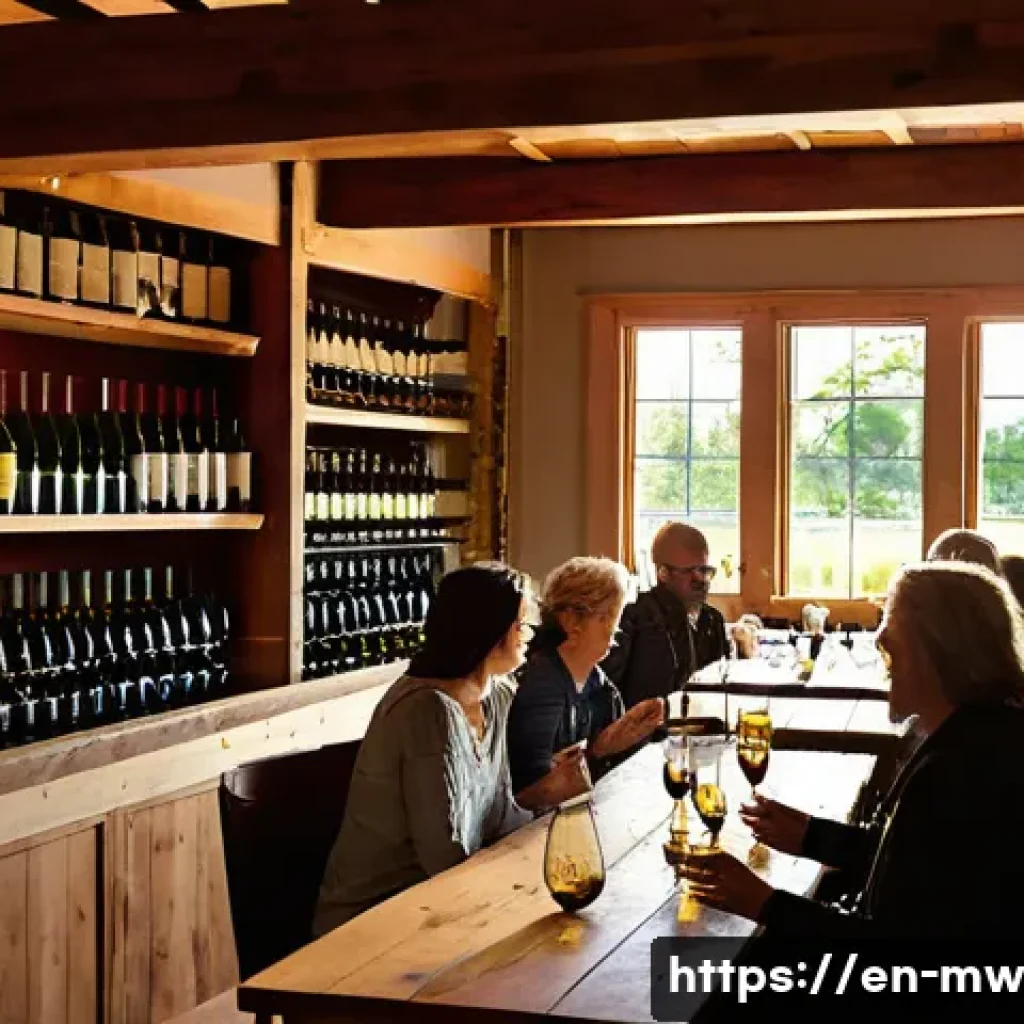 와인 양조장 투어를 위한 사전 조사 방법 - A warm, inviting small family-run winery tasting room with rustic wooden beams, shelves lined with a...