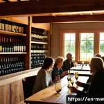 와인 양조장 투어를 위한 사전 조사 방법 - A warm, inviting small family-run winery tasting room with rustic wooden beams, shelves lined with a...