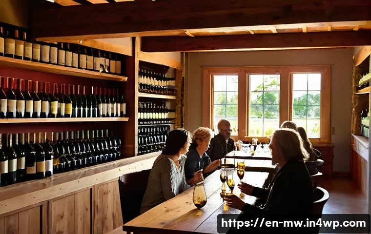 와인 양조장 투어를 위한 사전 조사 방법 - A warm, inviting small family-run winery tasting room with rustic wooden beams, shelves lined with a...