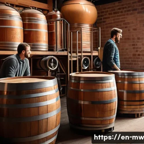 전국 주요 양조장들의 특징 비교 - A cozy, rustic brewery interior showcasing traditional brewing methods with large wooden barrels and...