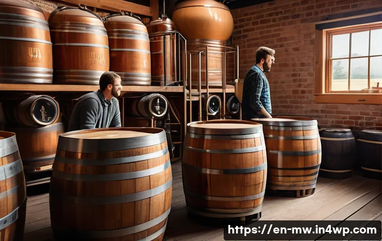 전국 주요 양조장들의 특징 비교 - A cozy, rustic brewery interior showcasing traditional brewing methods with large wooden barrels and...