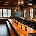 비즈니스와 레저를 겸한 양조장 투어 계획하기 - A cozy brewery tasting room scene during the afternoon with natural sunlight streaming through large...