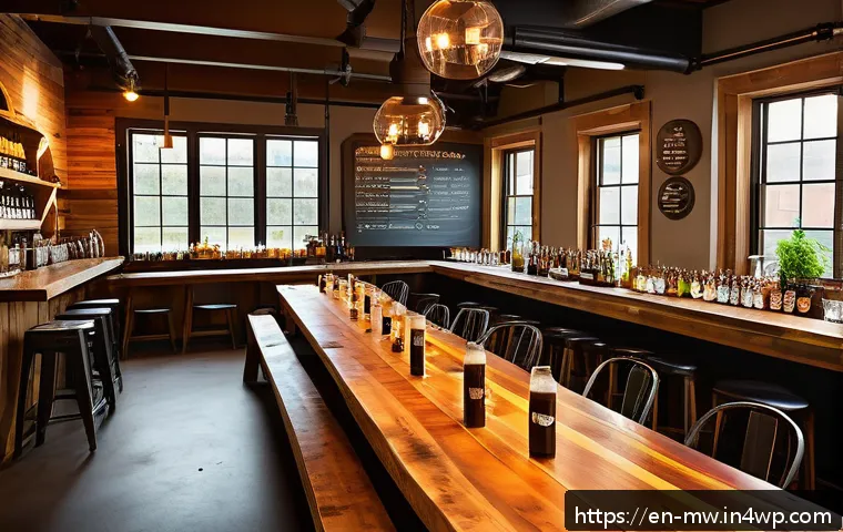 비즈니스와 레저를 겸한 양조장 투어 계획하기 - A cozy brewery tasting room scene during the afternoon with natural sunlight streaming through large...